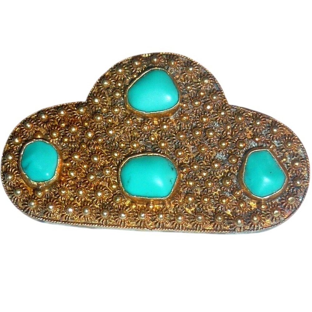 Antique Chinese Export‎ Gilt Silver Filigree Cloud Brooch Pin Turquoise Vermeil